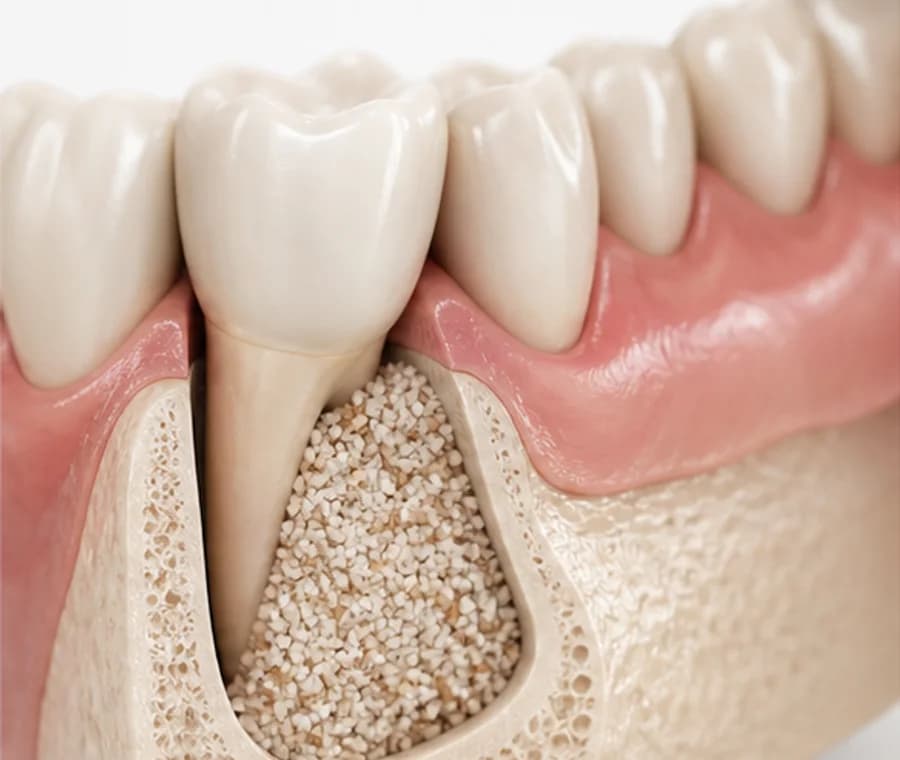 Medical illustration of graft material rebuilding jawbone volume