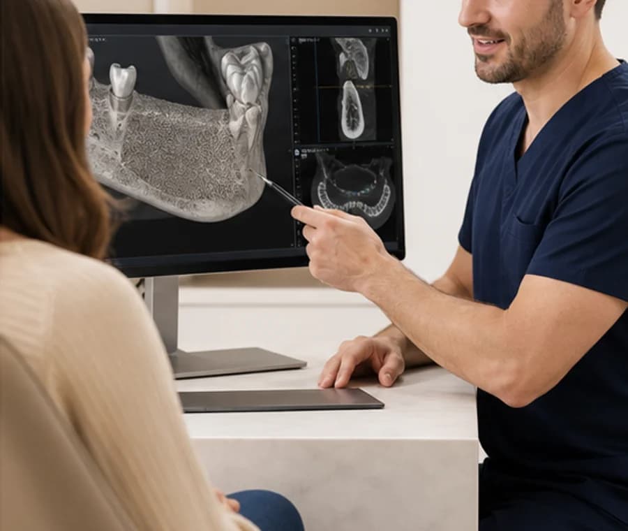 Dentist reviewing bone graft healing with a patient