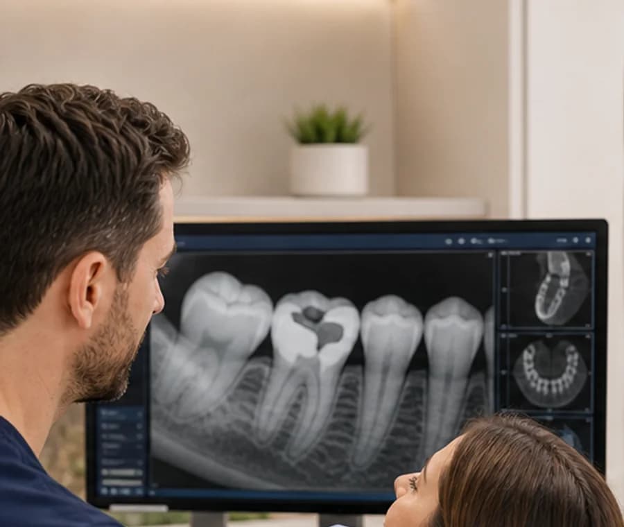 Dentist assessing a damaged tooth and its X-ray before restorative treatment