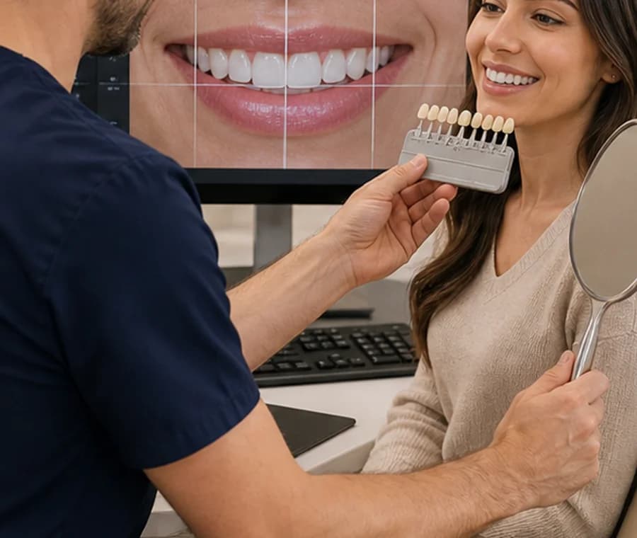 Dentist selecting aesthetic tooth shade during smile design