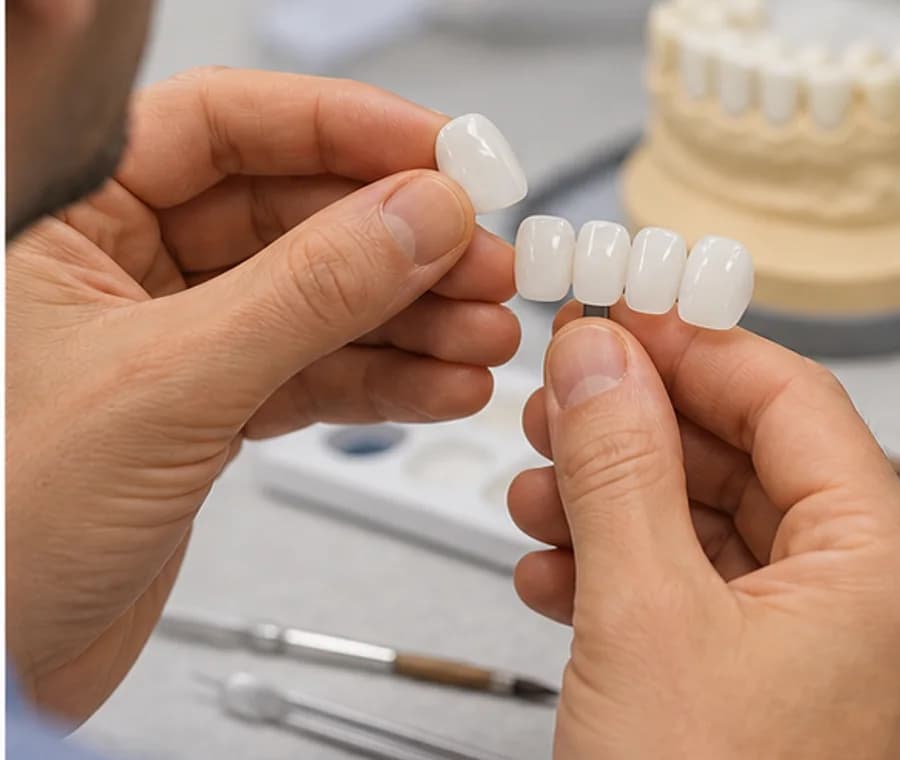 Dental technician inspecting ceramic veneers for aesthetic smile treatment